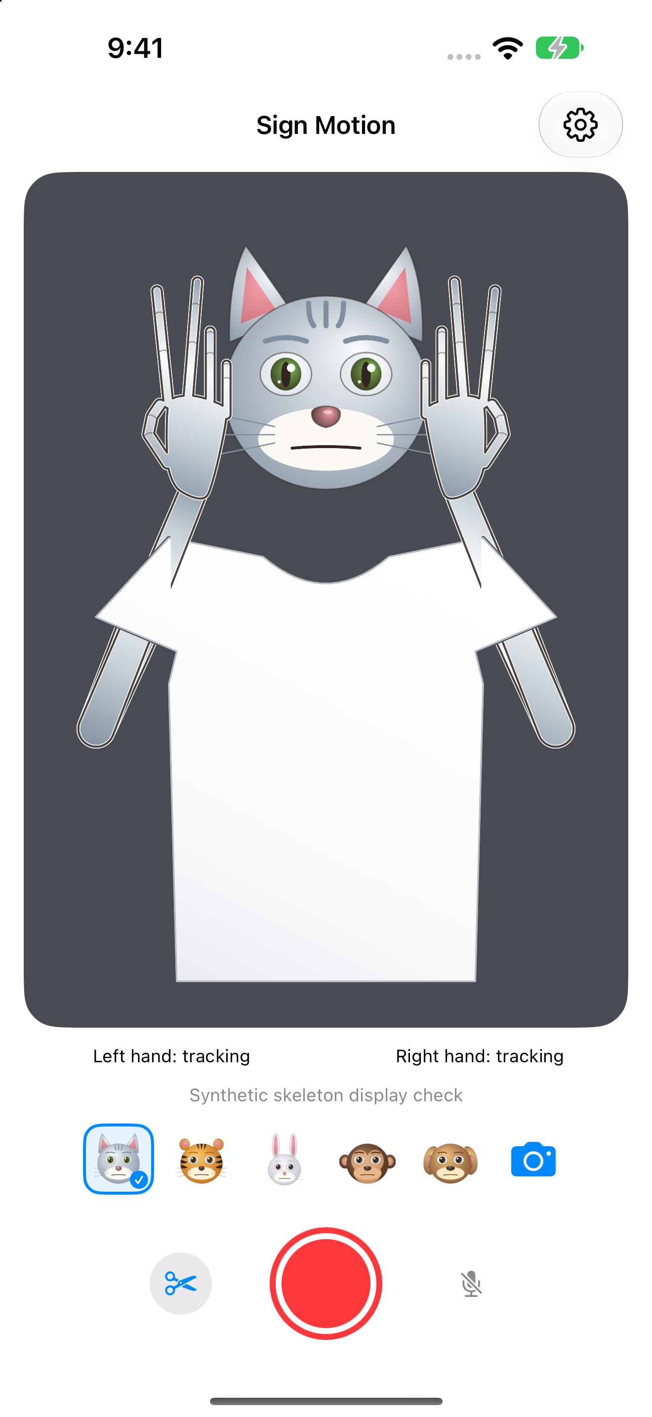 A 2D cat avatar with a white T-shirt, two colored hands and five animal selection buttons